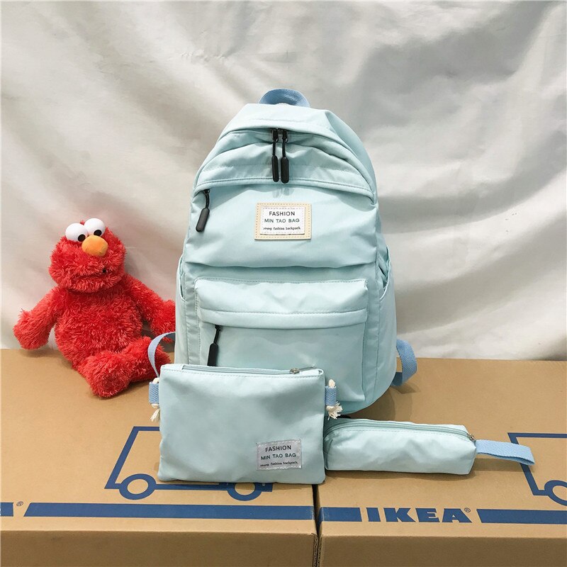 3 set Backpack Solid Color Casual Women Backpack Teenage Girl School Bag Student Girls Shoulder Bag Casual Mochilas: SkyBlue 3piece