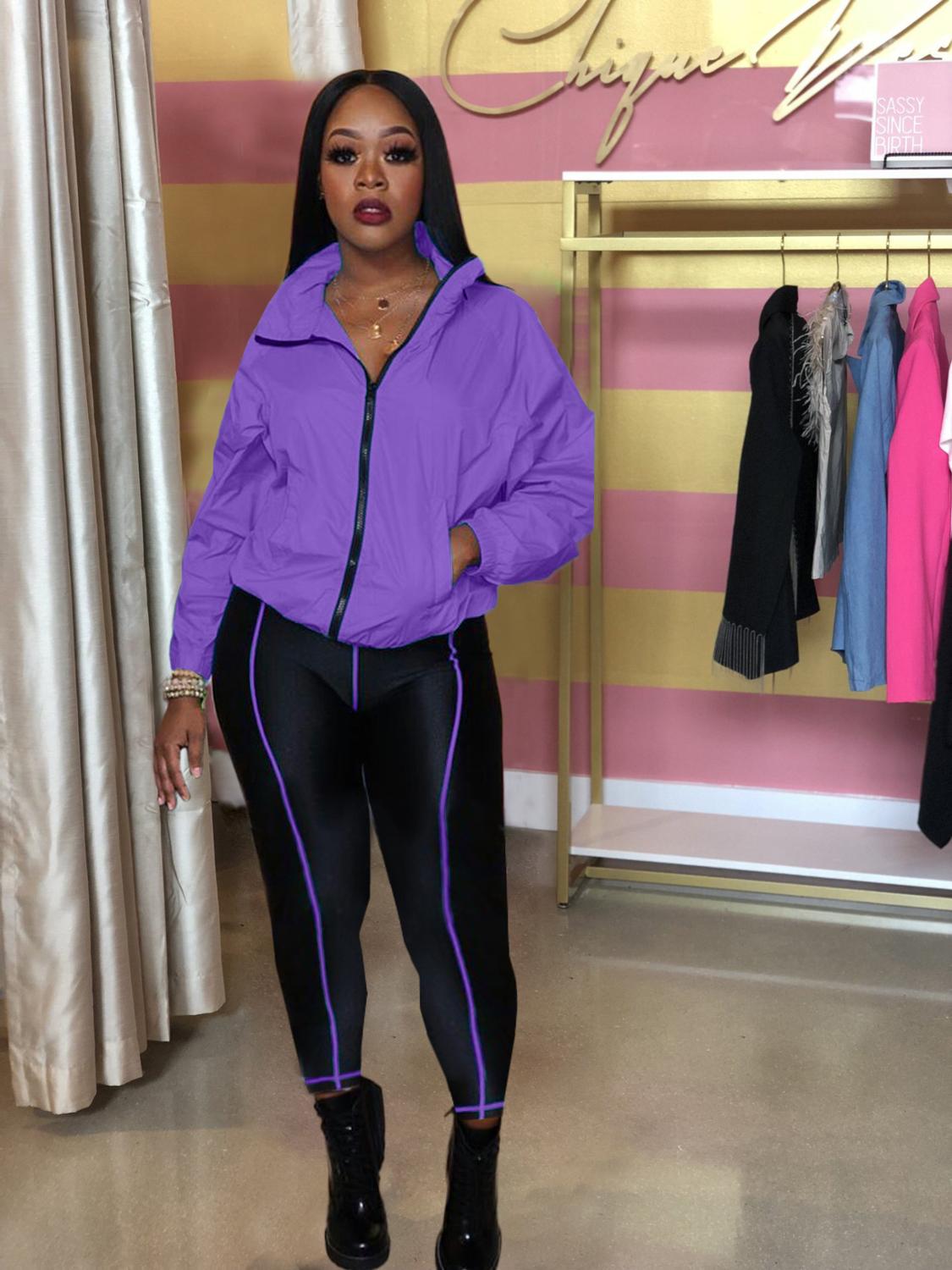 Adogirl Fluorescent Green Women Tracksuit Athleisure Two Piece Set Stand Collar Long Sleeve Jacket Coat Skinny Pants Sportswear: purple suit / XXL