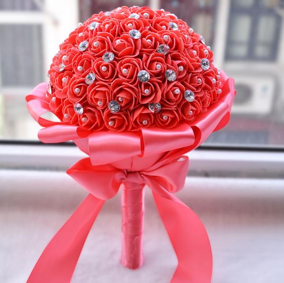 Ramo de flores artificiales para dama de honor, hermoso ramo de flores de boda, blanco, marfil, azul, rojo, cristal, ramos de novia: 06