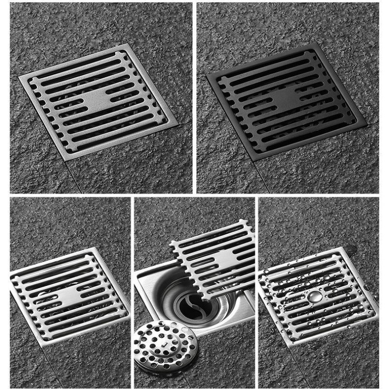 1pc brusegulvafløb i rustfrit stål, firkantet gulvafløbssi, aftageligt lugtabsorberende afløb med filterkerne, badeværelsesbeslag