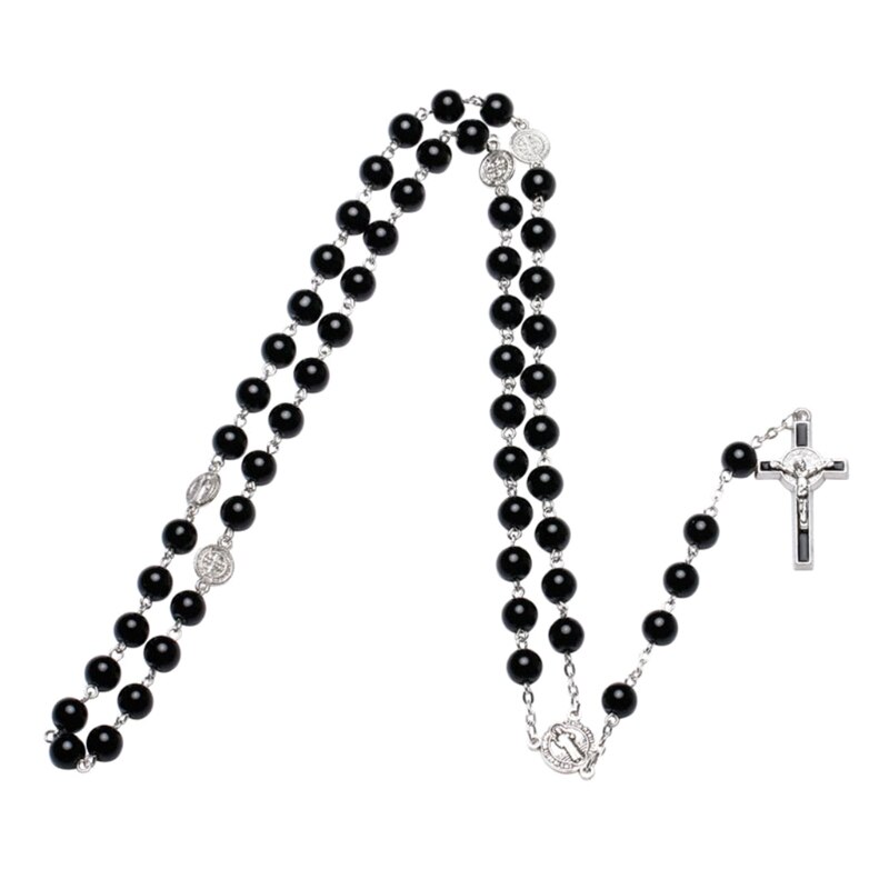 Zwart Glas Christus Jezus Kruis Religieuze Ketting Katholieke Rozenkrans Ketting Kerk Souvenirs Gebed Hanger Ketting