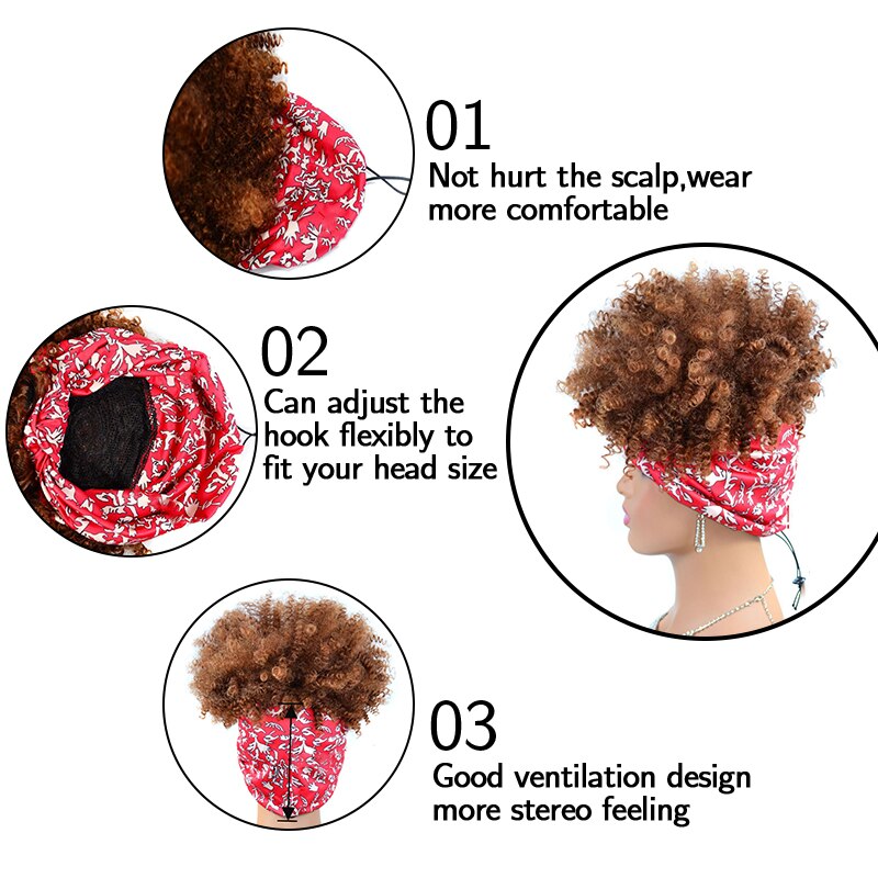 Korte Afro Kinky Krullend Tulband Wrap Pruiken Voor Zwarte Vrouwen Ombre Trekkoord Hoofdband Pruik 10 "Afro Bladerdeeg Haarband Pruik gember Blonde