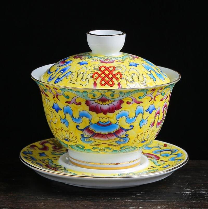 150ml ekstra store blå og hvide porcelæn otte skatte gaiwan kinesisk te skål gul keramisk te terrin te kop underkop sæt