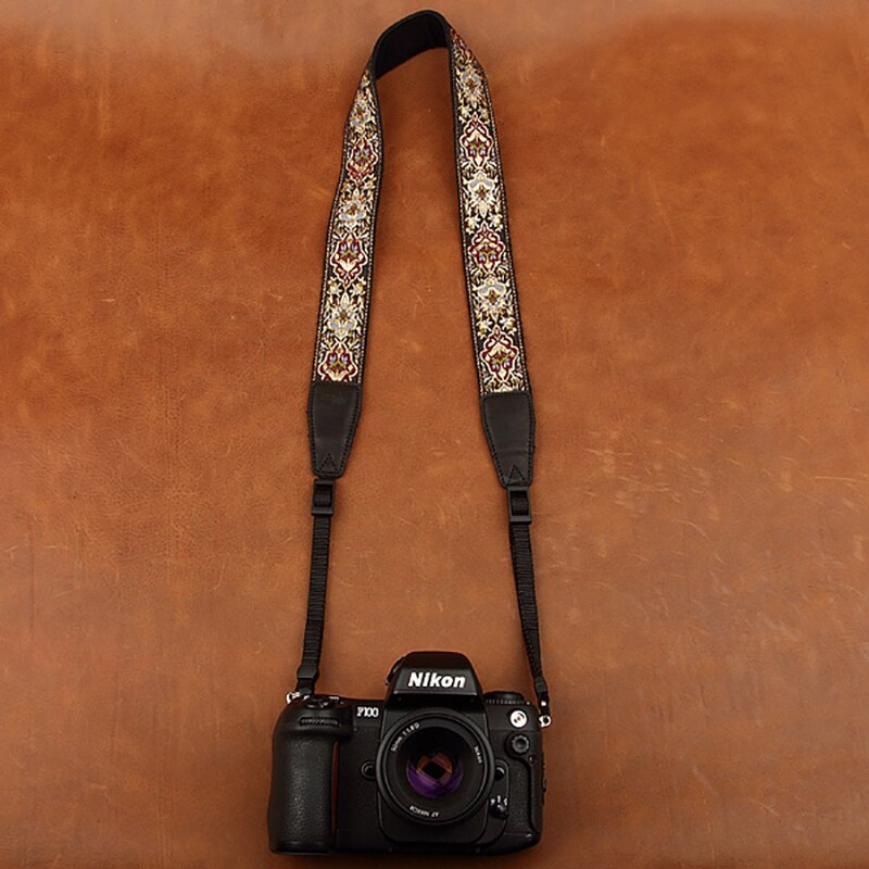 Cam 8411 broderet kamerarem, blød bomuld digital kamera halsrem læder snor justerbar længde