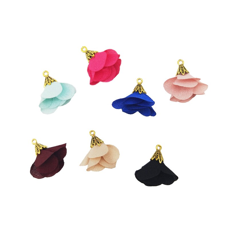 Fishwaves 10 stk blanding farve silke satin stof blomsterkvast med guld farve cap vedhæng til gør-det-selv smykker fremstilling tilbehør
