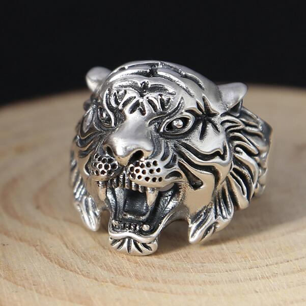 Vintage 925 Argento Bianco Anello Tigre di Buona Fortuna Anello Uomo 100% Sterling Argento Fengshui Tiger Anello Thai Anello In Argento 925
