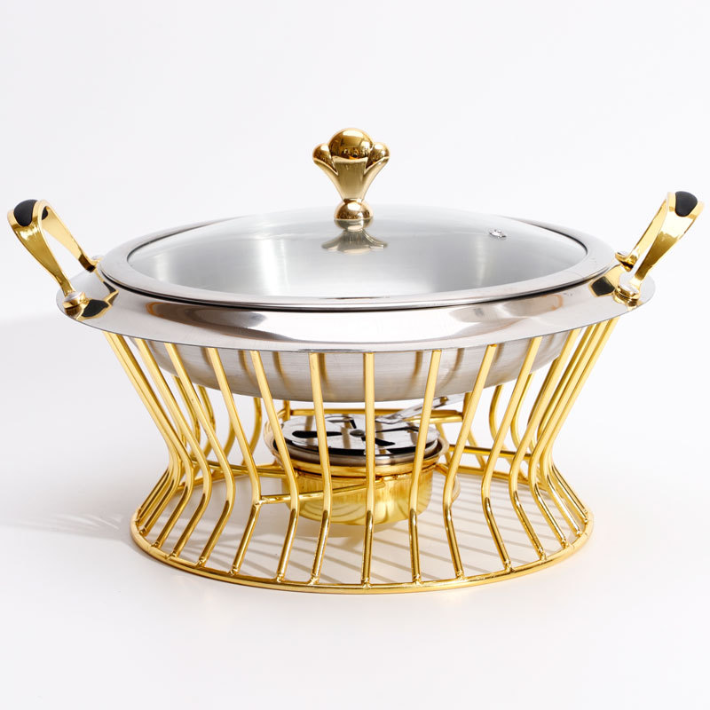 Rvs Hotpot Set Mini Hotpot Pannenlap Gehard Glazen Deksel Goud Zilver Komfoor Buffet Pan Voedsel Lade Warmer: S 20CM gold