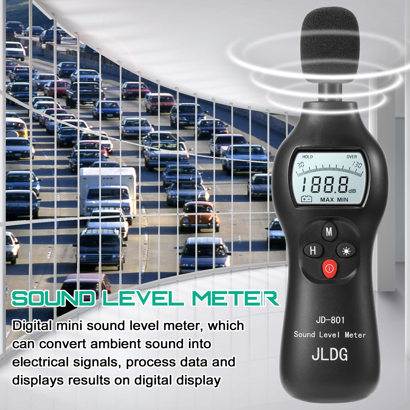 JD-801 Digital Noise Detector Mini Lightweight High Accuracy Decibel Monitoring Device Sound Level Meter with Backlight ON/OFF