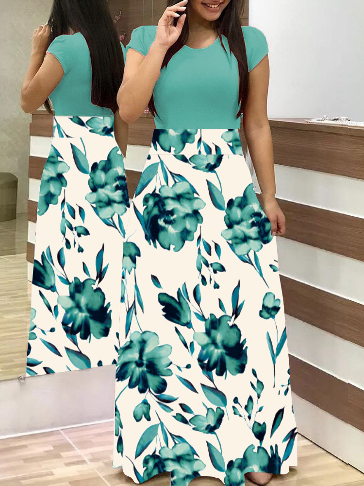 European and American style floral print color matching long sleeved dress, long women's large swing skirt