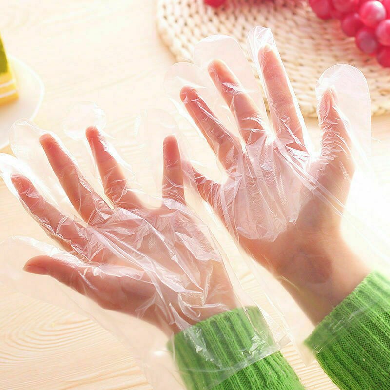 100Pcs Disposable Clear Polythene PE Gloves Plastic Food Safe Cleaning Glove