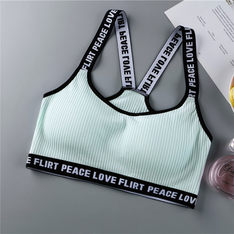 Brev teenager piger sports bh'er bomuld lille vest kvinder tanks jogging gym yoga undertøj teen træning cross back bh'er: Grøn