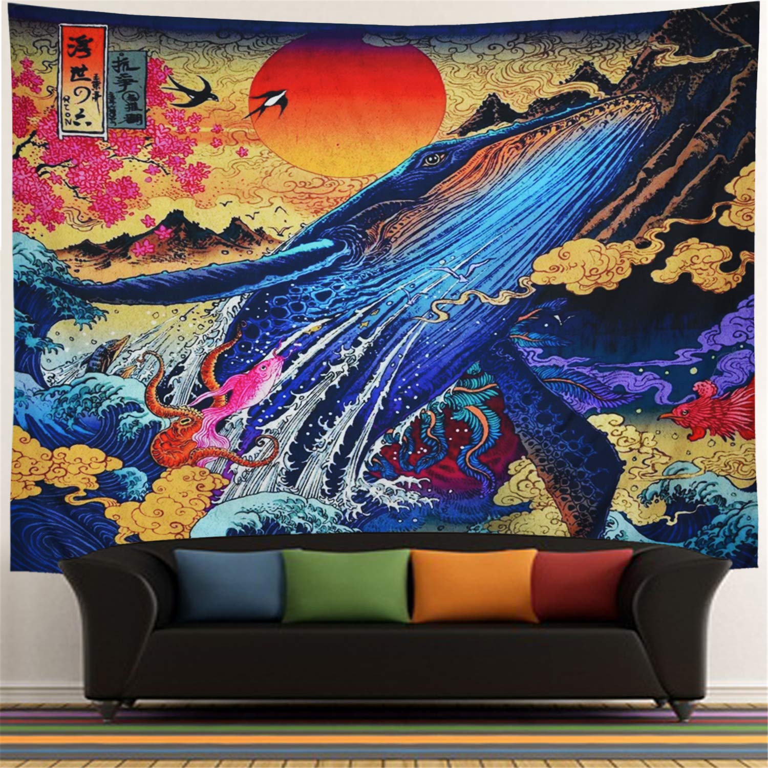 Auringonlasku suuri aalto valas tapetry japanilainen taide valtameri maisema wall hanging