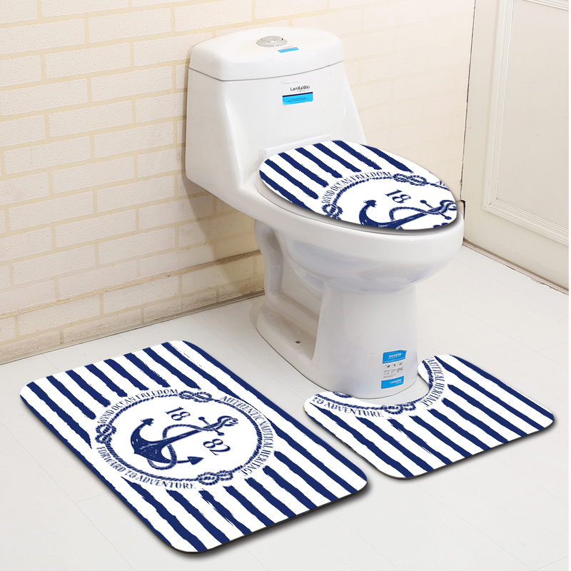 3pcs Plastic Bathroom Mat Sets Foam Bathroom Floor Mat Blue and White Stripes Anchor Pattern Carpet Non Slip