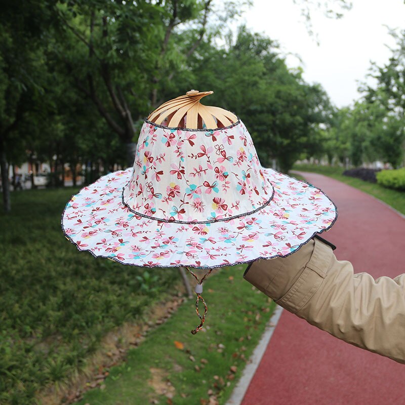 Sombrero de bambú con abanico de mano plegable, 2 en 1, portátil, estampado Floral, para viajes al aire libre, playa, vacaciones, verano,: a2