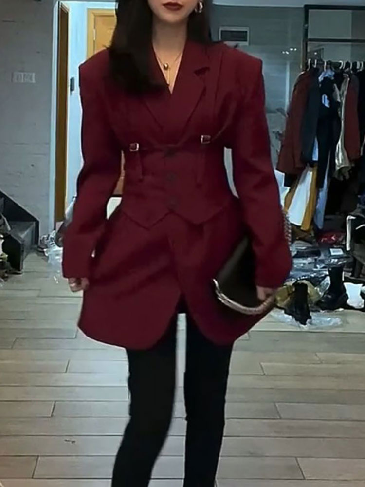 Chaqueta de vestir para mujer, conjunto de Blazer de 2 piezas, traje Retro europeo, cinturón de cintura informal, chaleco con cordones, Otoño,