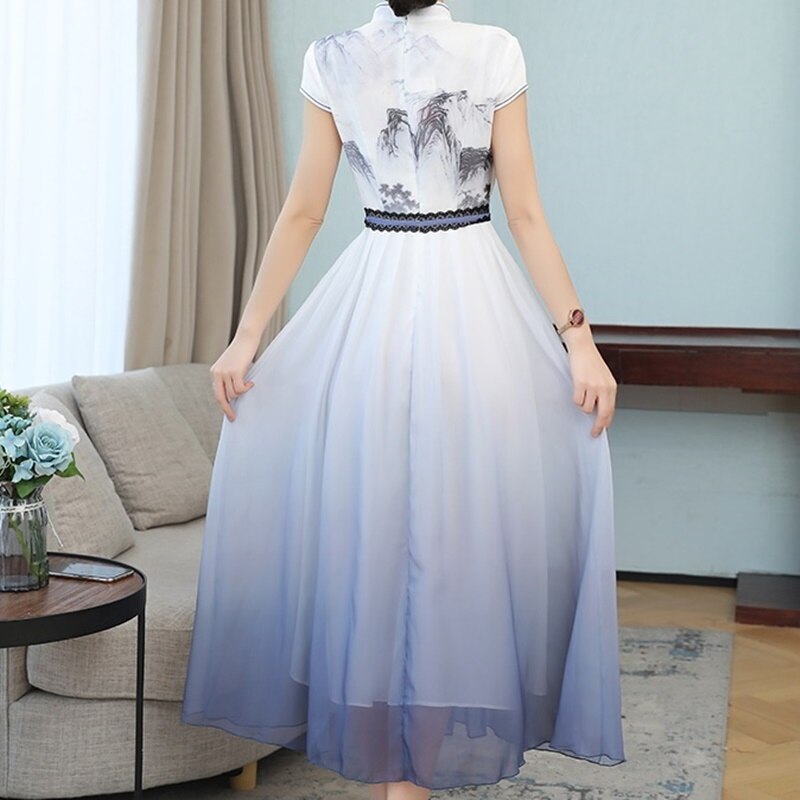 Summer Traditional Vietnam Ao Dai Chiffon Chinese Cheongsam Mint Green Women Oriental Chipao Dress main image 0