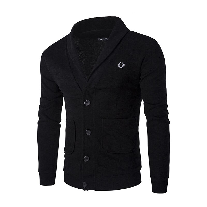 Herre bomull cardigan v-hals solid slim fit turn-down krage høst apring varme klær strikket fritids ull herregenser: Svart / Xxl