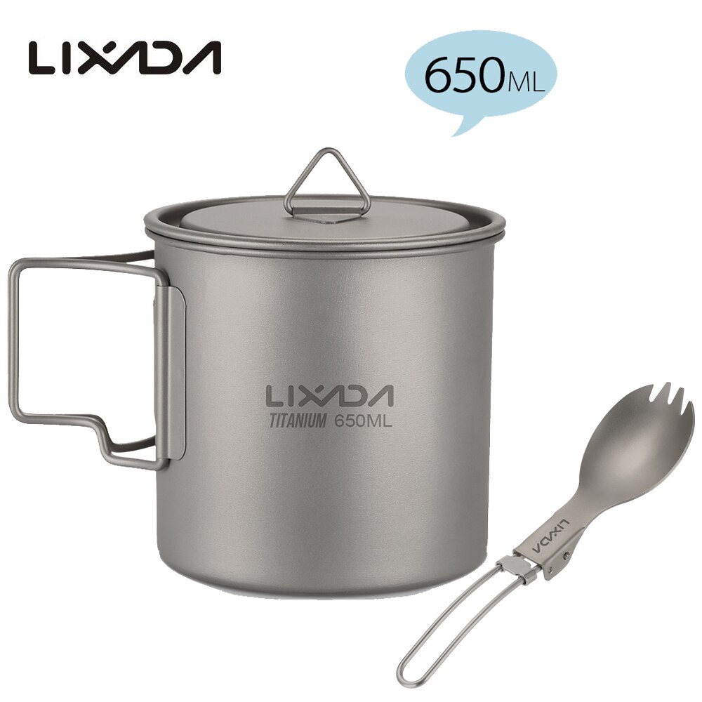 Lixada Titanium Cup Camping Verwarming Mok Servies Lichtgewicht Outdoor Survival Koken Apparatuur Wandelen Kookgerei Picknick Gebruiksvoorwerpen: 650ml with Spork