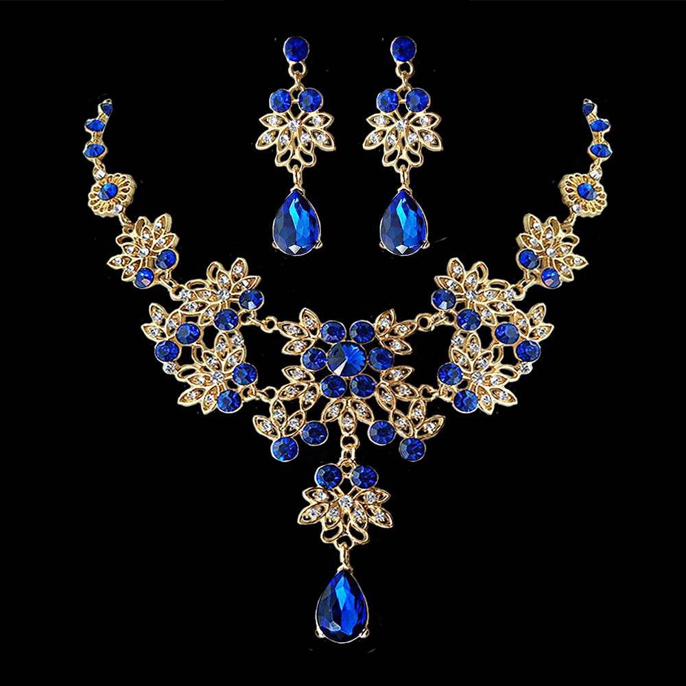 Conjunto de joyas para novia, Set de joyas de cristal, Tiara, corona, pendientes, Gargantilla, collar, boda, Dubái, oro, rojo, azul, verde, Barroco: 2Pcs Blue Jewely Set