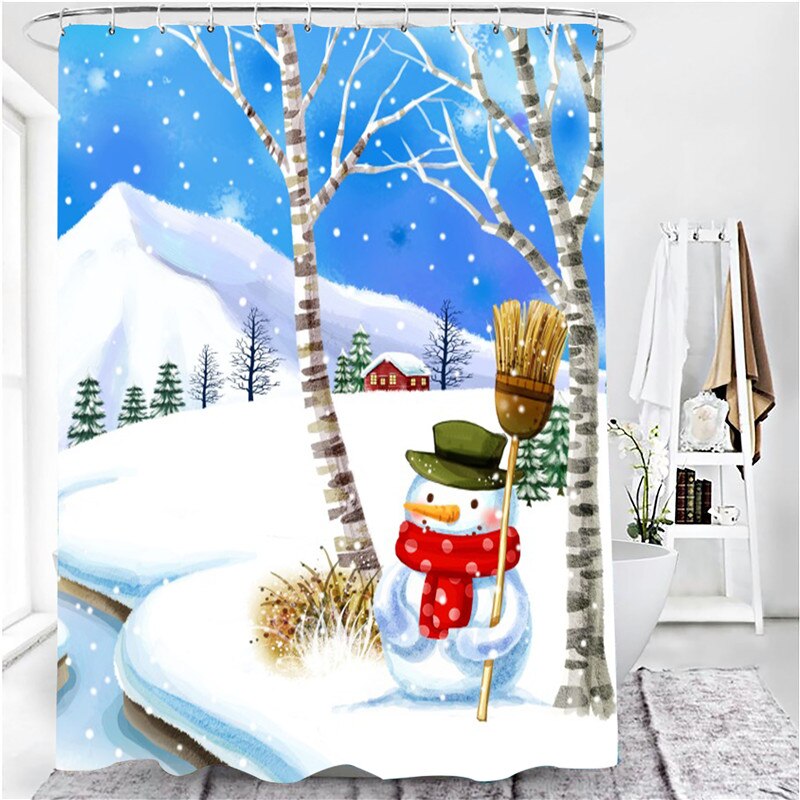 Merry Christmas Shower Curtain Set with Rugs Waterproof Curtain Bathing Screen Anti-slip Toilet Lid Cover Rugs Bathroom Decor: Shower Curtain - F
