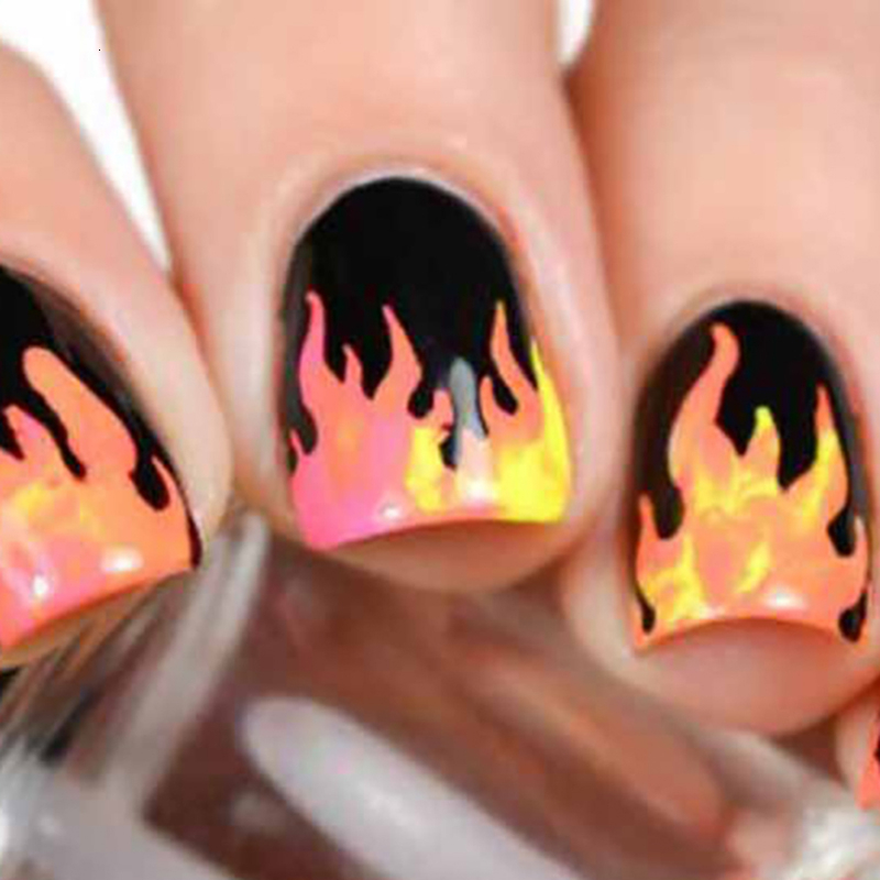 1PC Vlam Print Nail Art Stickers Lijm Sticker Verwijderbare Manicure Decoratie Fire Nail Vinyls Stencil Hollow Stickers Branden