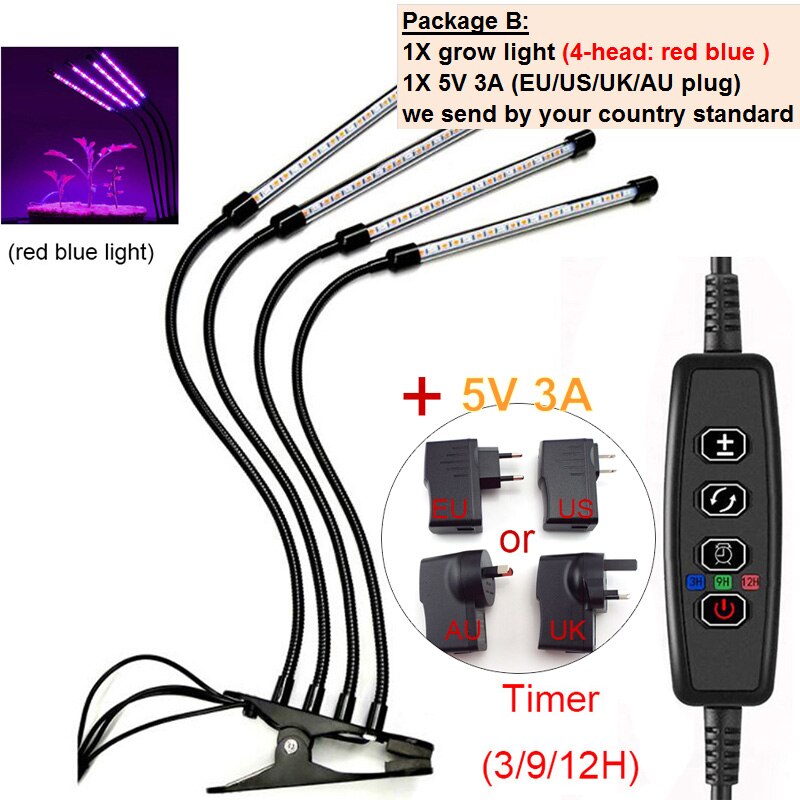 Luces LED para cultivo de plantas, iluminación con temporizador USB de 2/3/4 cabezales, adaptador de 5V para invernadero de interior, cultivo de flores, lámpara Phyto growbox: B package 4 head