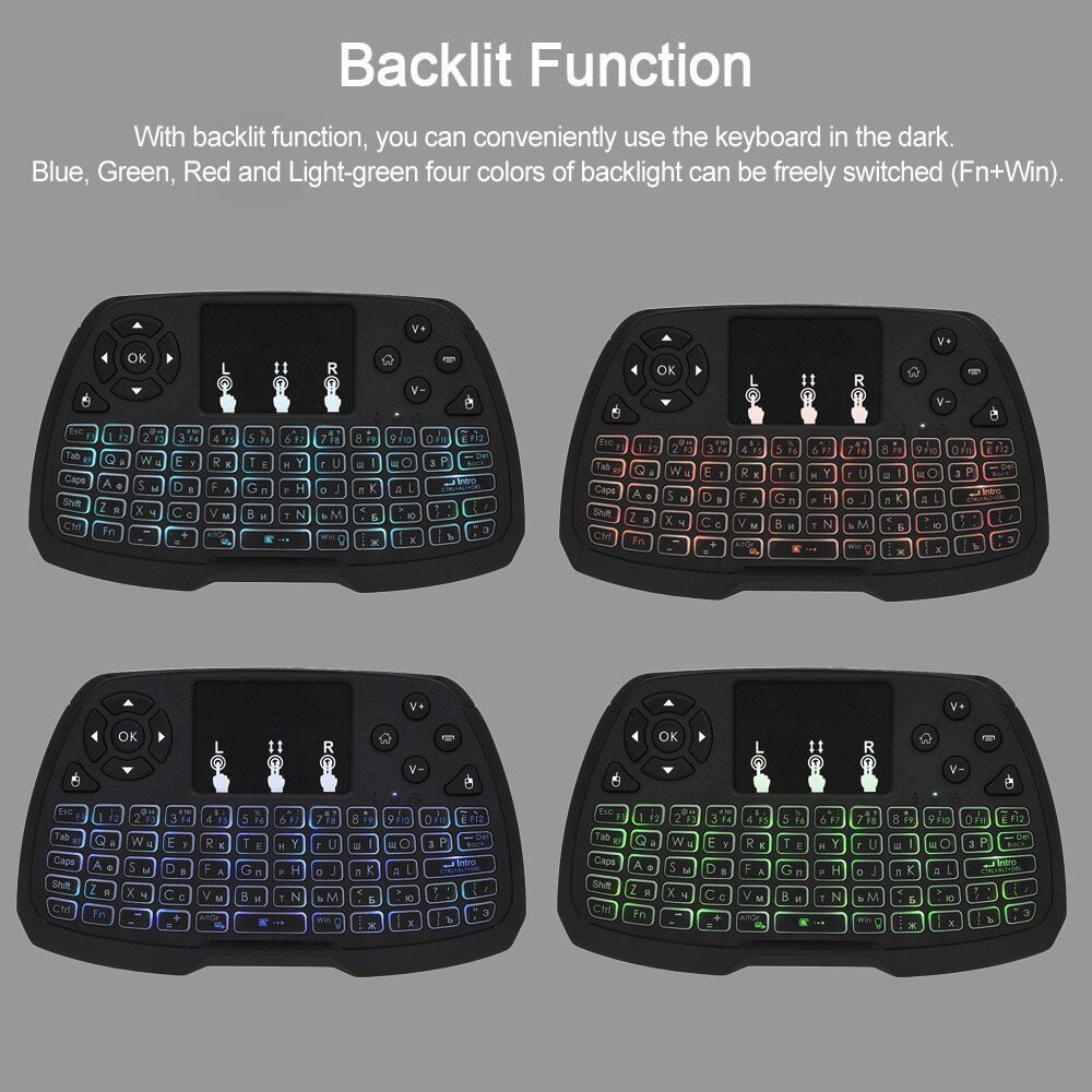 2.4 ghz draadloos toetsenbord met achtergrondverlichting, touchpad, muis, handheld afstandsbediening, 4 kleuren achtergrondverlichting voor tv-box, smart-tv, pc, notebook