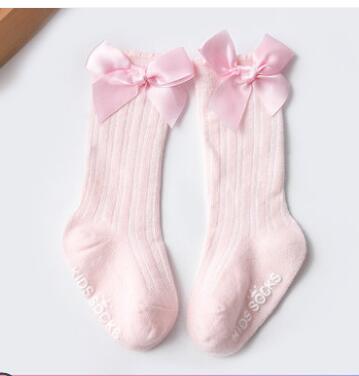 Crianças meninas grande arco na altura do joelho meia alta algodão macio rendas menina meias arco do bebê joelho longo recém-nascido meias novas crianças: Pink Bow Socks / Fit 2 to 4 year