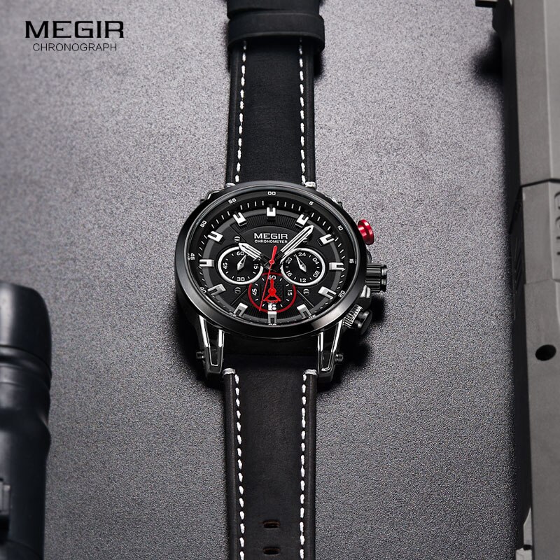 Megir Mannen 24 Uur Quartz Horloges Lederen Band Chronograaf 3atm Waterdicht Army Horloge Man Relogios Masculino 2085 Zwart