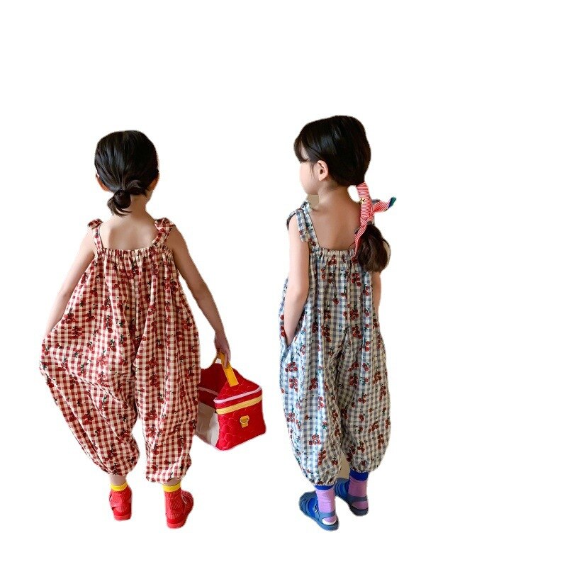Meisjes Broek Bloem Plaid Lace Up Jumpsuit 2022 Lente En Zomer Stijl