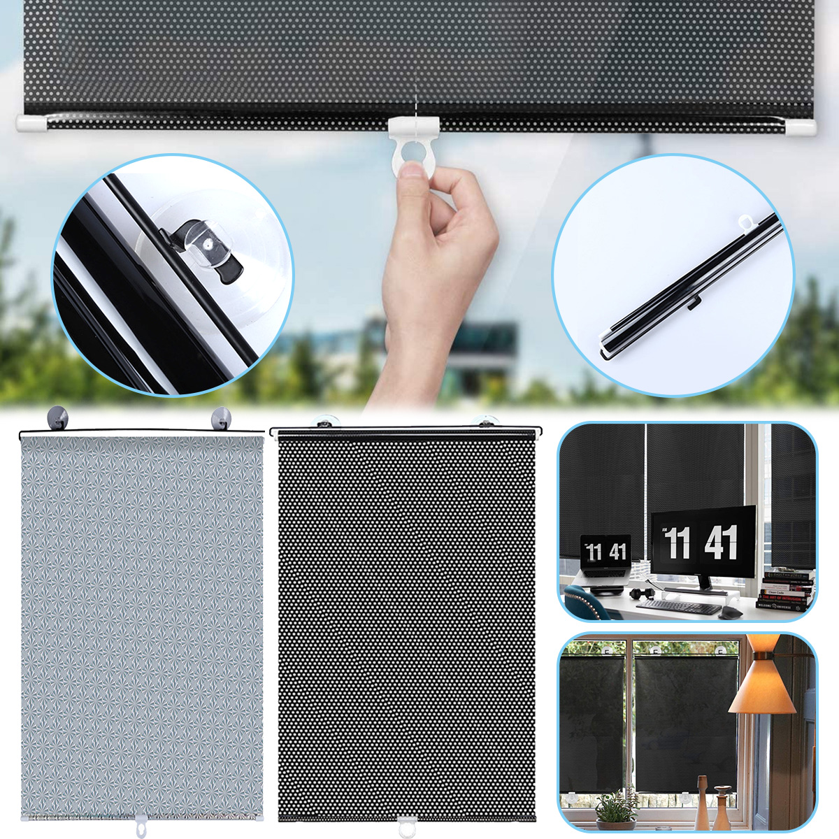 Sunshade Roller Blinds with Suction Cup Sun Shade Window Curtains for Car Bedroom Kitchen Office Protection from UV Rays Glare