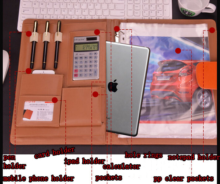 Classeur à anneaux a4 en cuir PU avec classeur-orange/marron/noir