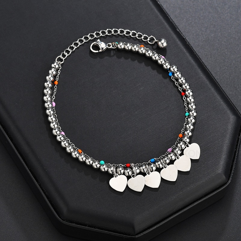 Uzone roestvrijstalen armband met kleine hartjes en dubbele laag verstelbare kralenkettingen voor vrouwen, meisjes, bruiloft, pulsera