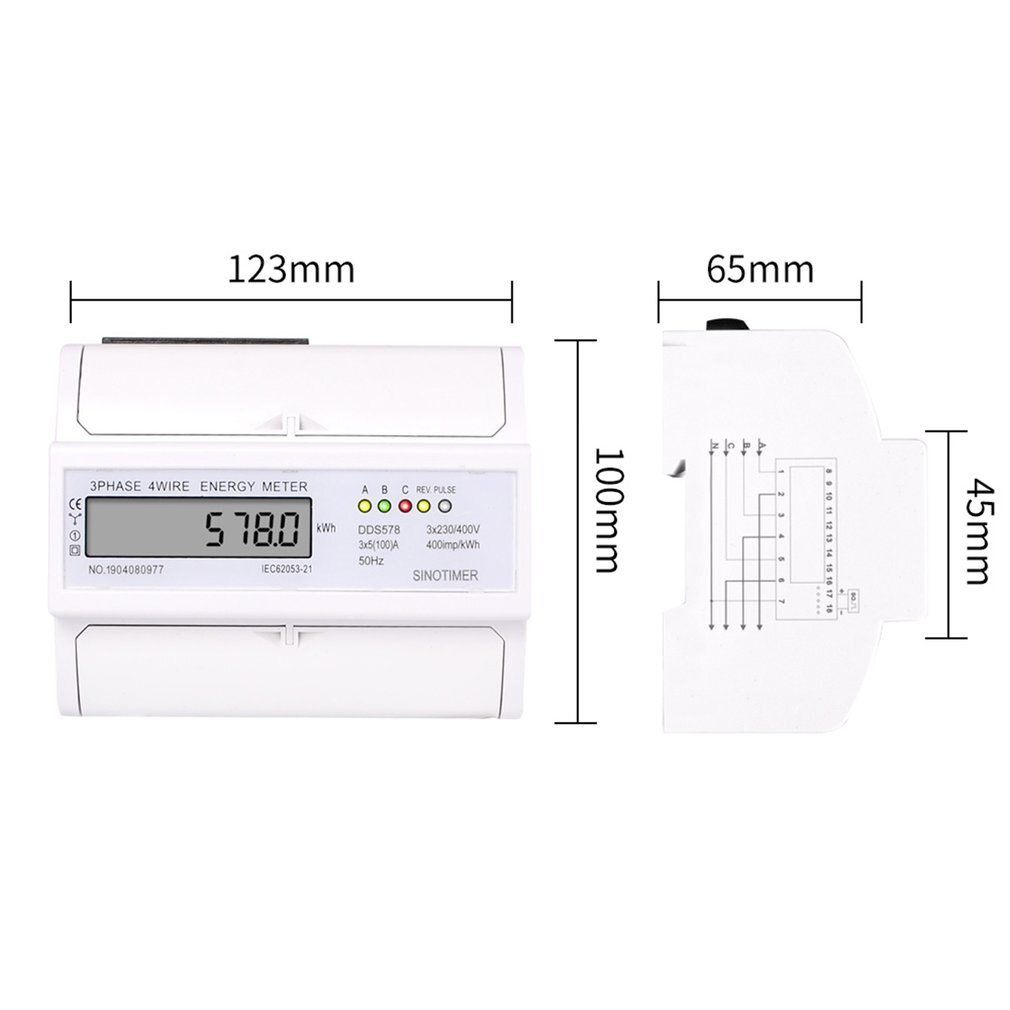 DDS578 Three Phases 4 Wires 5-100A 380V Digital Wattmeter Electricity Consumption Measurement 7P LCD Rail Meter