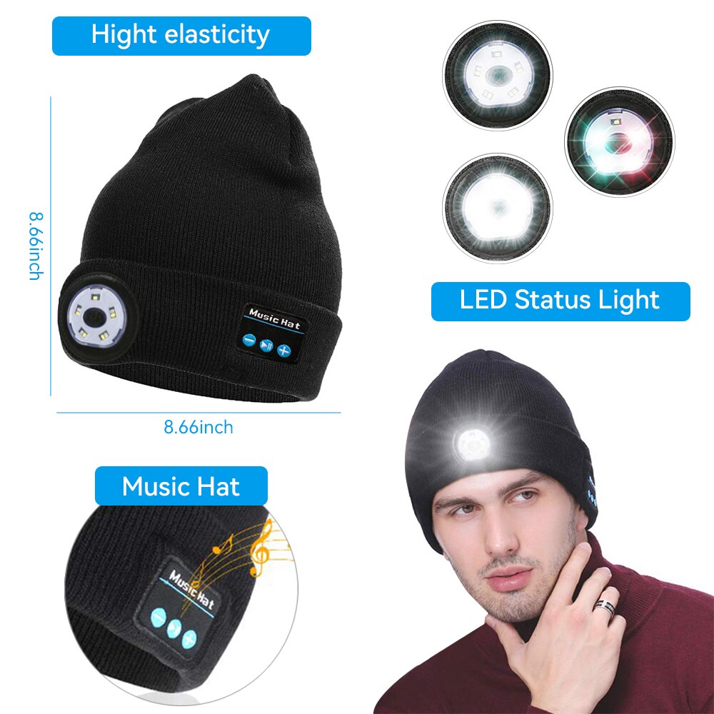 Bluetooth Kopfhörer Musik Hut Winter Drahtlose Kopfhörer Kappe Headset Mic Outdoor Radfahren Wandern LED Licht Strickte Hut Für Xiaomi