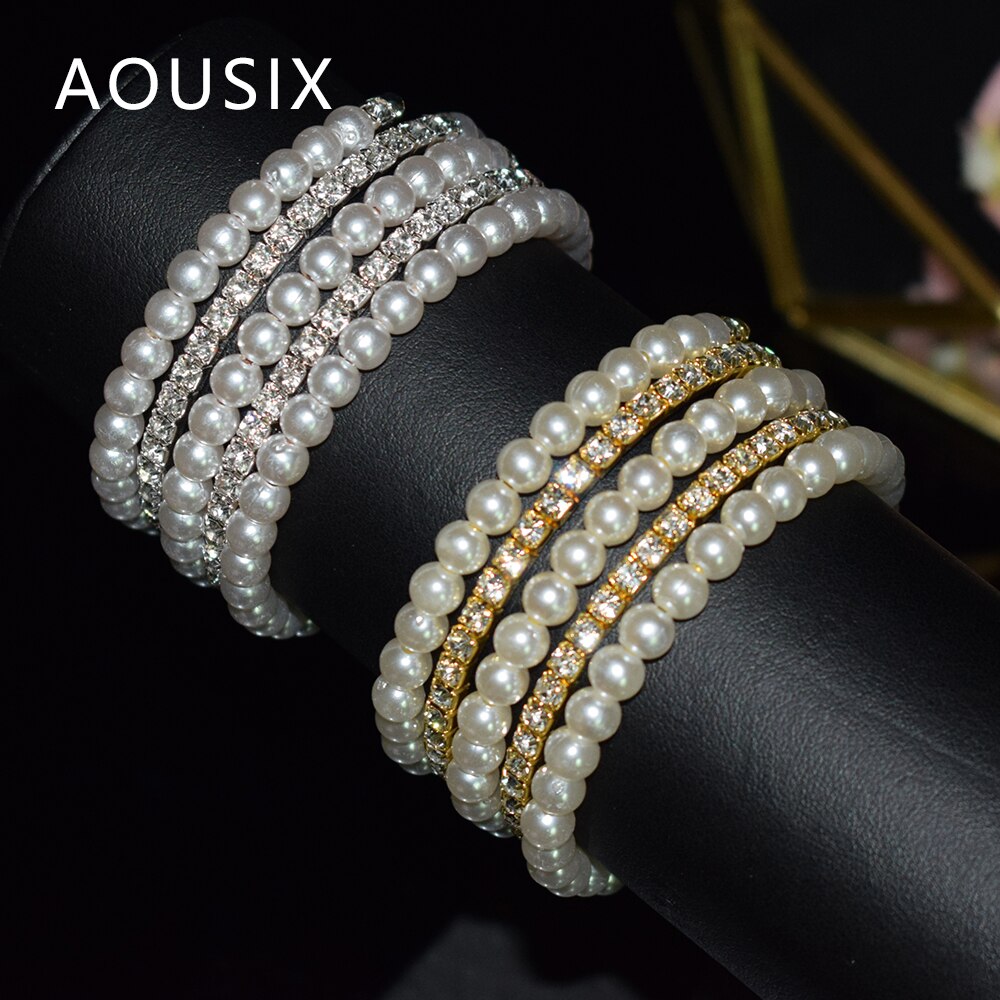 Elegante braccialetto di perle di cristallo multistrato estensibile braccialetto di perle per le donne polsini braccialetti strass gioielli da sposa Accessori