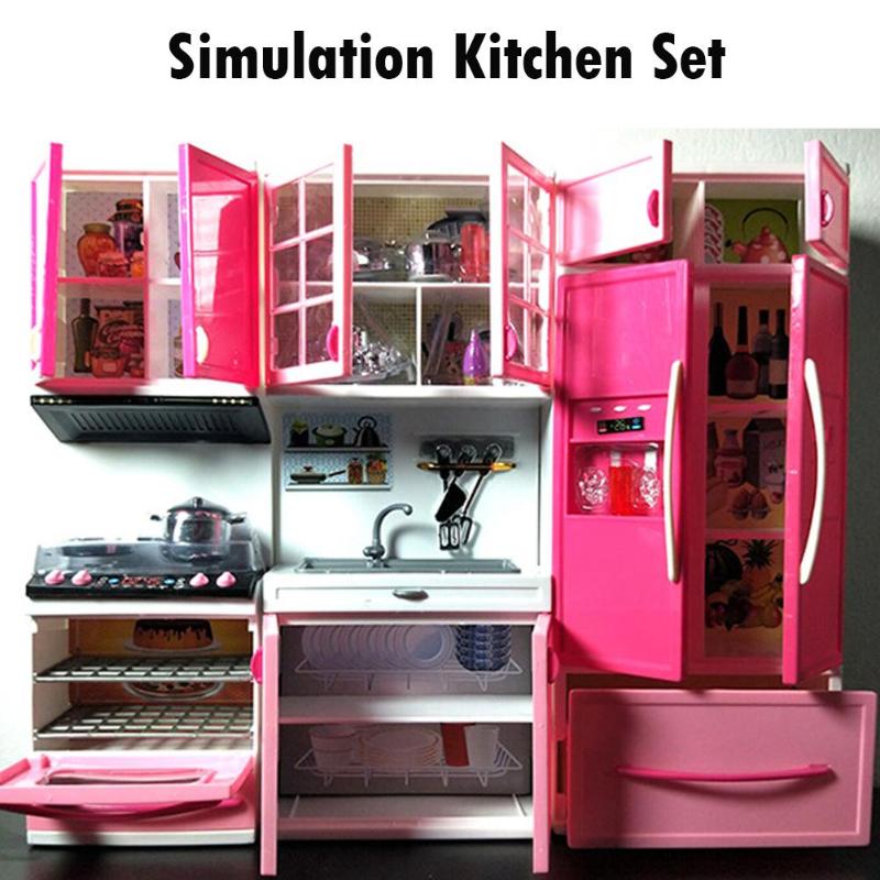 Pretend Play 3 in 1 Simulation Kitchen Set Cooking Cabinet Tool Tableware Dolls Suits Toys Puzzle Educational Doll for Girls