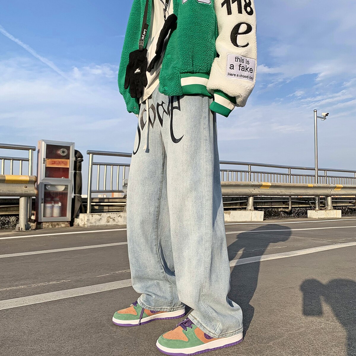 Spring Wide-leg Jeans Men's Printed Casual Korean Jeans Men Streetwear Hip-hop Straight Denim Trousers Mens Jeans Pants