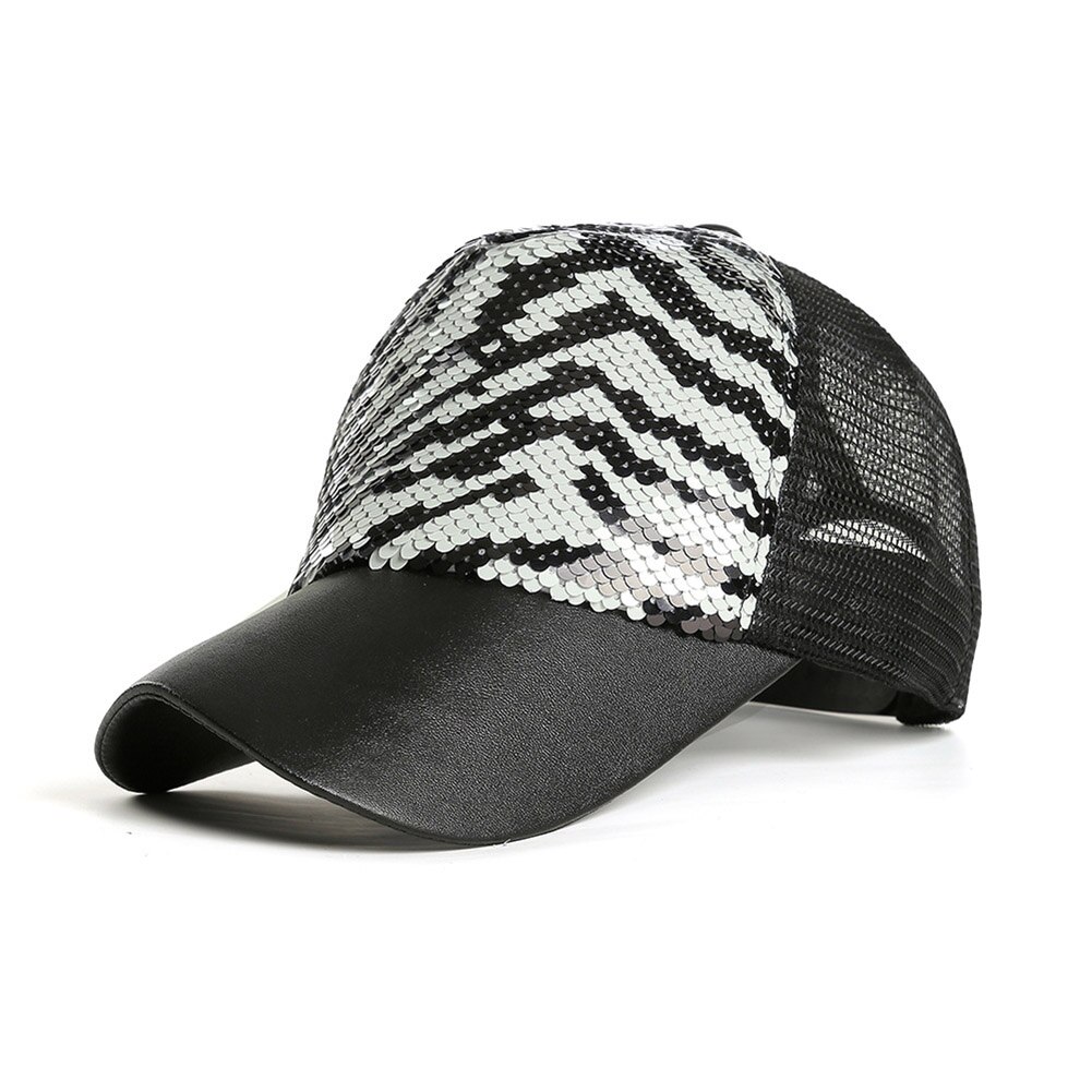 Mannen Vrouwen Baseball Hoed Dubbele Kleur Zebra-Streep Mermaid Pailletten Mesh Casual Cap -MX8: WHITE