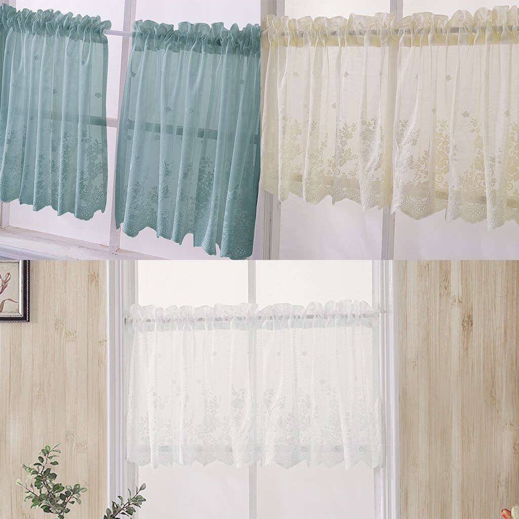 1 Panel Floral Embroidered Short Curtain Window Tiers Sheer Voile for Cafe