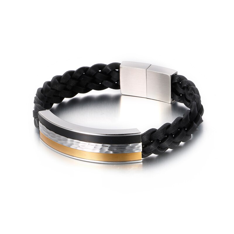 Men's Leather Bracelet - Gold & Silver Tone Stainless Steel Band - Punk Street Style Geometric Jewelry