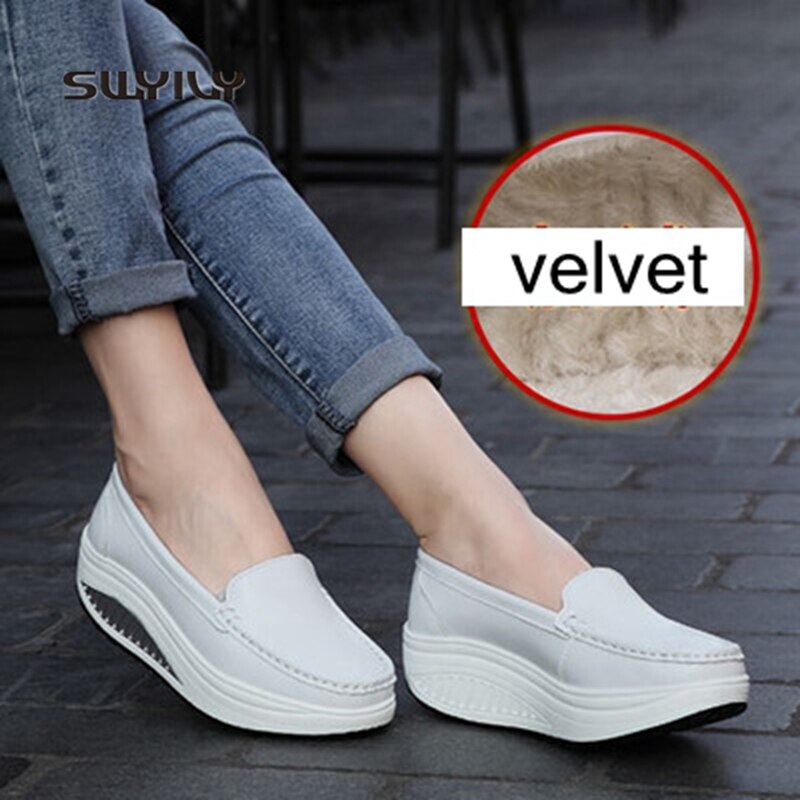 SWYIVY Women Winter Warm Shoes Plus Velvet Lady Toning Swing Shoes Wedge Leather Height Increasing Female Slimming Shoe