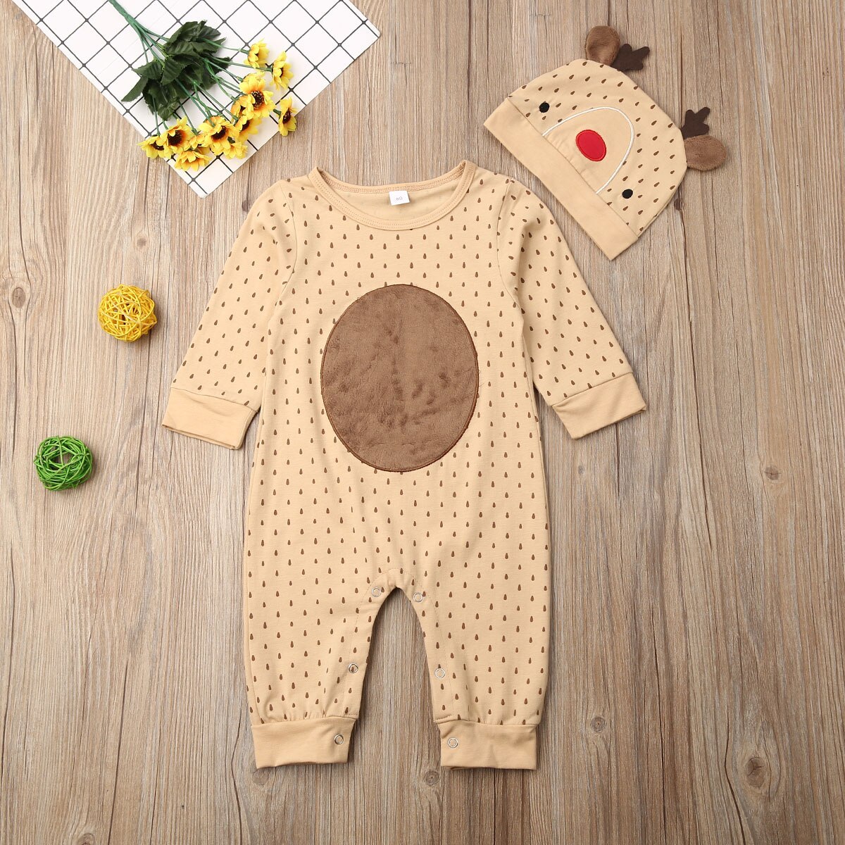 Nette Neugeborene Baby Jungen Mädchen Cartoon Deer Overall Footies + Hut Outfits Langarm Baumwolle Kleinkind Romper Kleidung 0- 18M