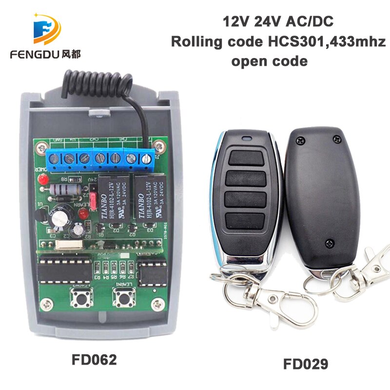 DC12V/24V 433MHz remote control receiver with rolling code HCS301 open code remote control garage gate: 1 receiver 2 Remote