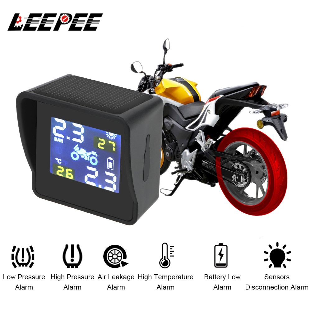 Moto Tire Pressure Tyre Temperature Monitoring Alarm System Motorcycle TPMS Internal/External Sensors LCD Display Solar Charging