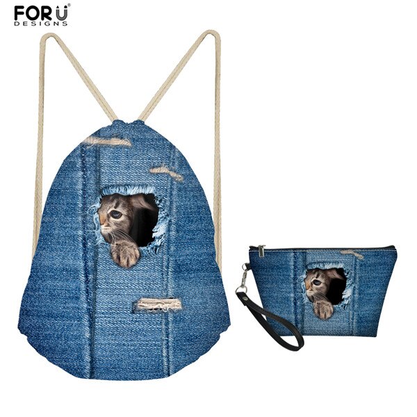 FORUDESIGNS-mochila con cordón para playa para niñas, bolsa de viaje de aseo personal, bolso de bolsillo de tela vaquera con patrón de gato, 2 piezas: H316Z3Z8