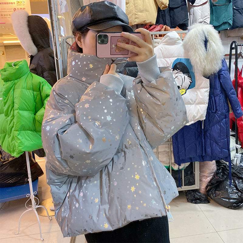 snowflake Winter warm overcoat long reflective jacket luminous casual coat thick streetwear loose glowing parka padded outwear