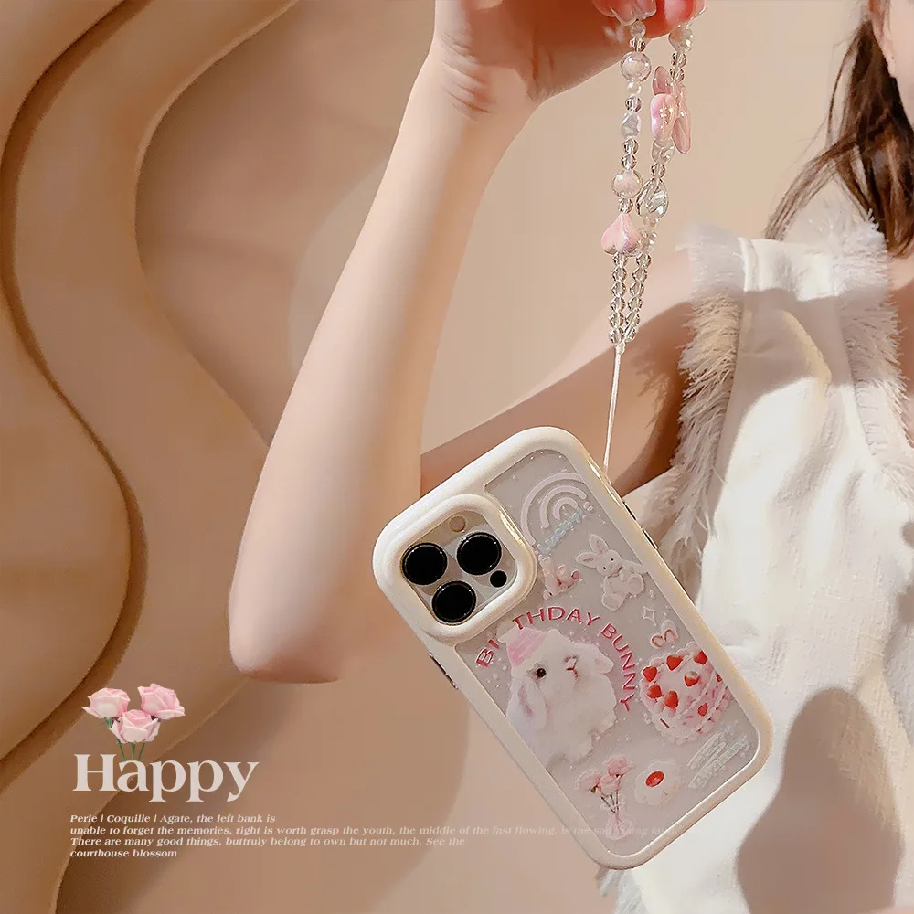 Leuke Hoed Konijn Taart Telefoon Case met Lanyard voor IPhone 16 15 14 12 13 11 Pro Pro Max Plus X XR Schokbestendige telefoon Cover