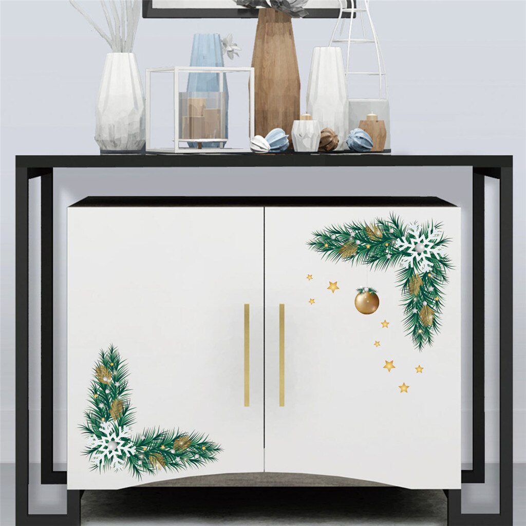 Christmas Green Plant Twig Bell Wall Sticker Simulation Plant Affixed Toilet TV Background Decor Wall Window Decoration Stickers