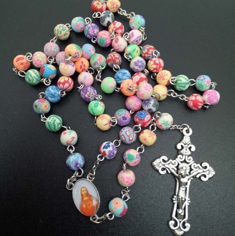 Catholic Rosary Necklace Colorful Soft Pottery Beads Cross Necklace Beads Bracelet Religious Jewelry